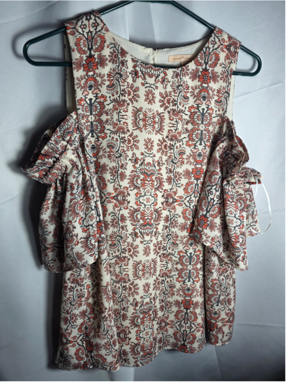 Women's Gibson & Latimer Cold Shoulder Blouse Size S Beige Red Floral Print boho